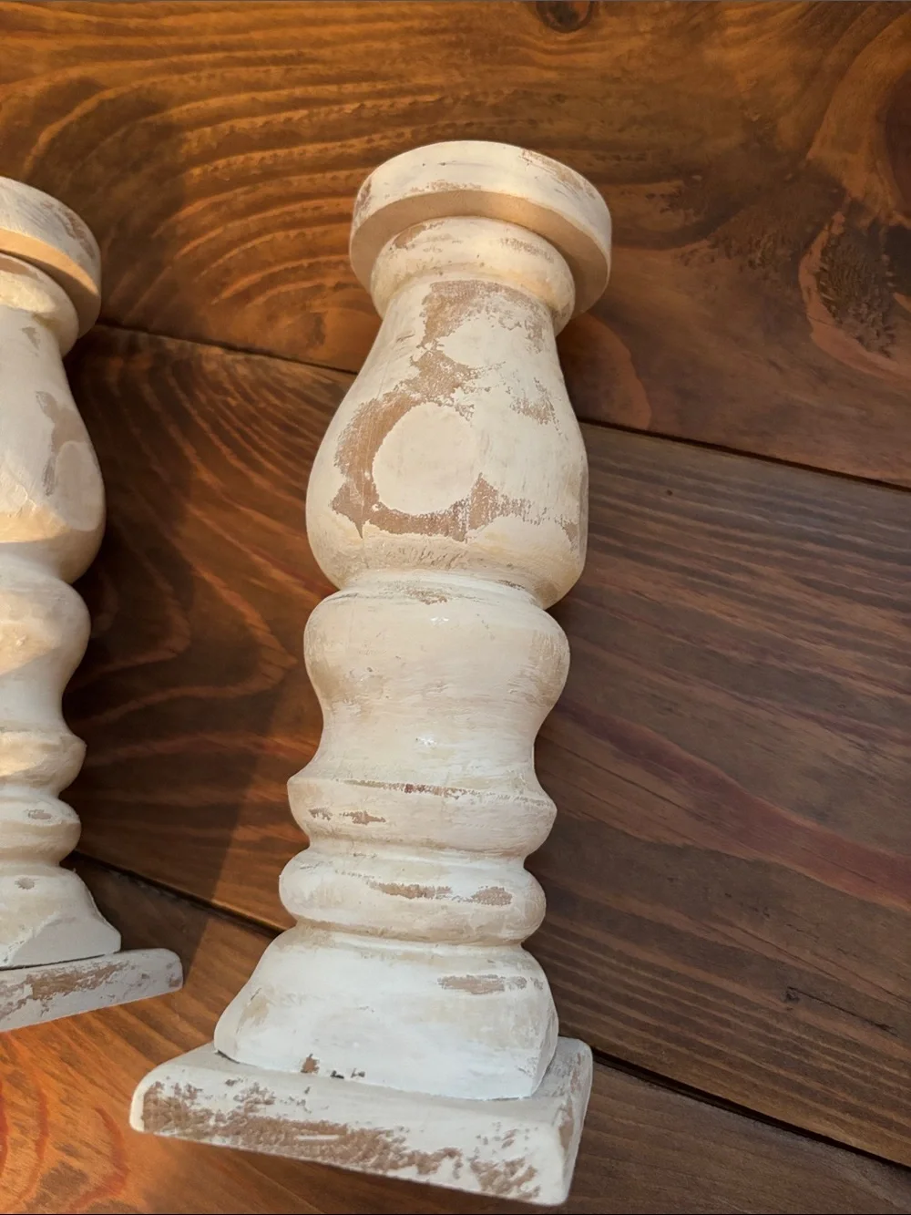 Rustic Distressed White Wood Candlestick Pair - Home Accents